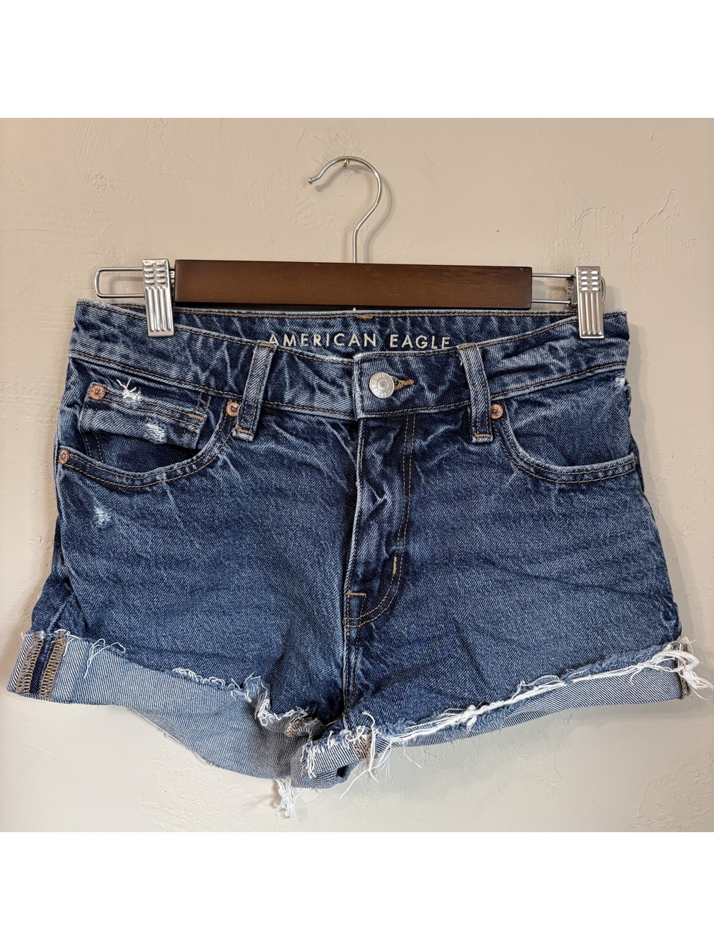 American Eagle Dark Wash Stretch Perfect Shortie Denim Shorts Cuffed Raw Hem 00